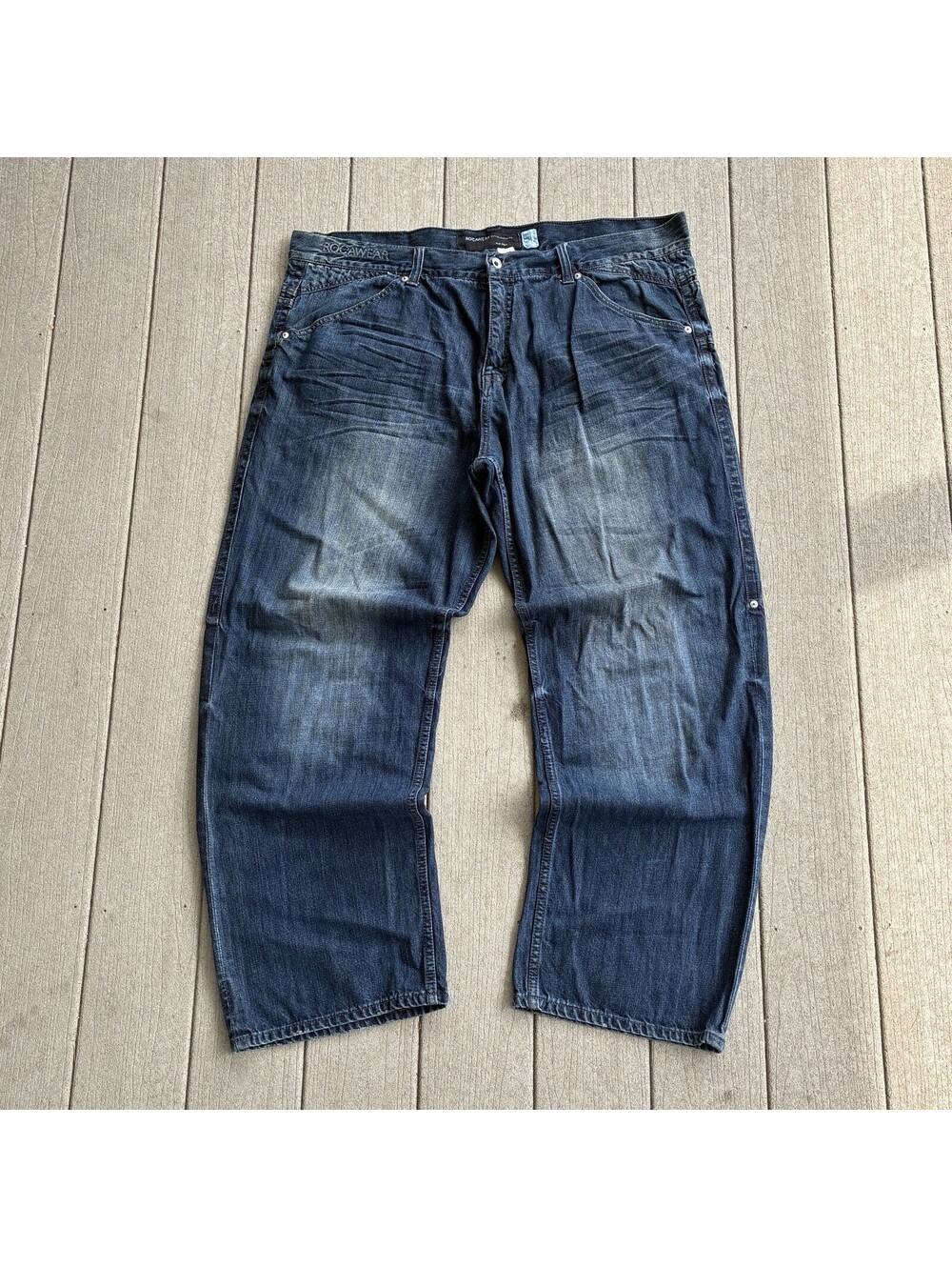 Rocawear Original Fit Baggy Jeans Men’s W46 Blue Faded Zipper Pocket Denim Y2K